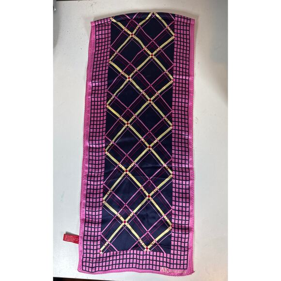 Y2K Anne Klein 100% Silk Scarf Preppy Bubble Gum Pink Navy Blue Argyle Girly - Picture 3 of 5